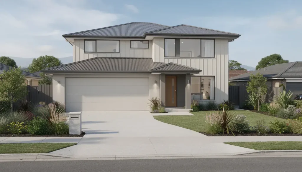 A contemporary white two-story house featuring the best driveway paving options Auckland for a clean and durable entrance.