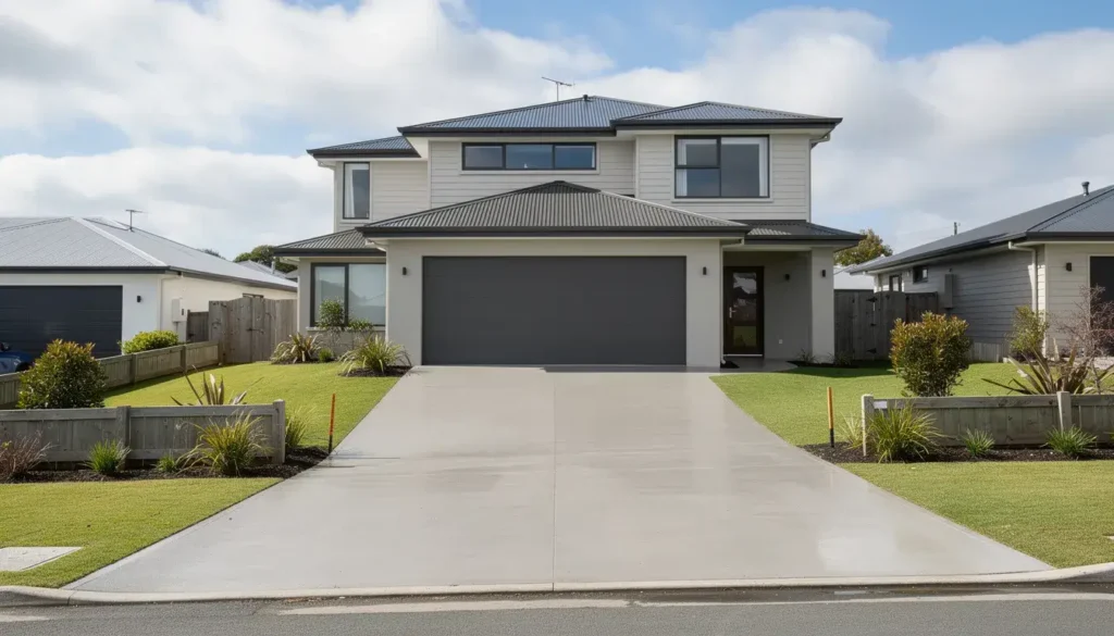 A large smooth concrete driveway leading to a modern two-story home installed by paving contractors Auckland.